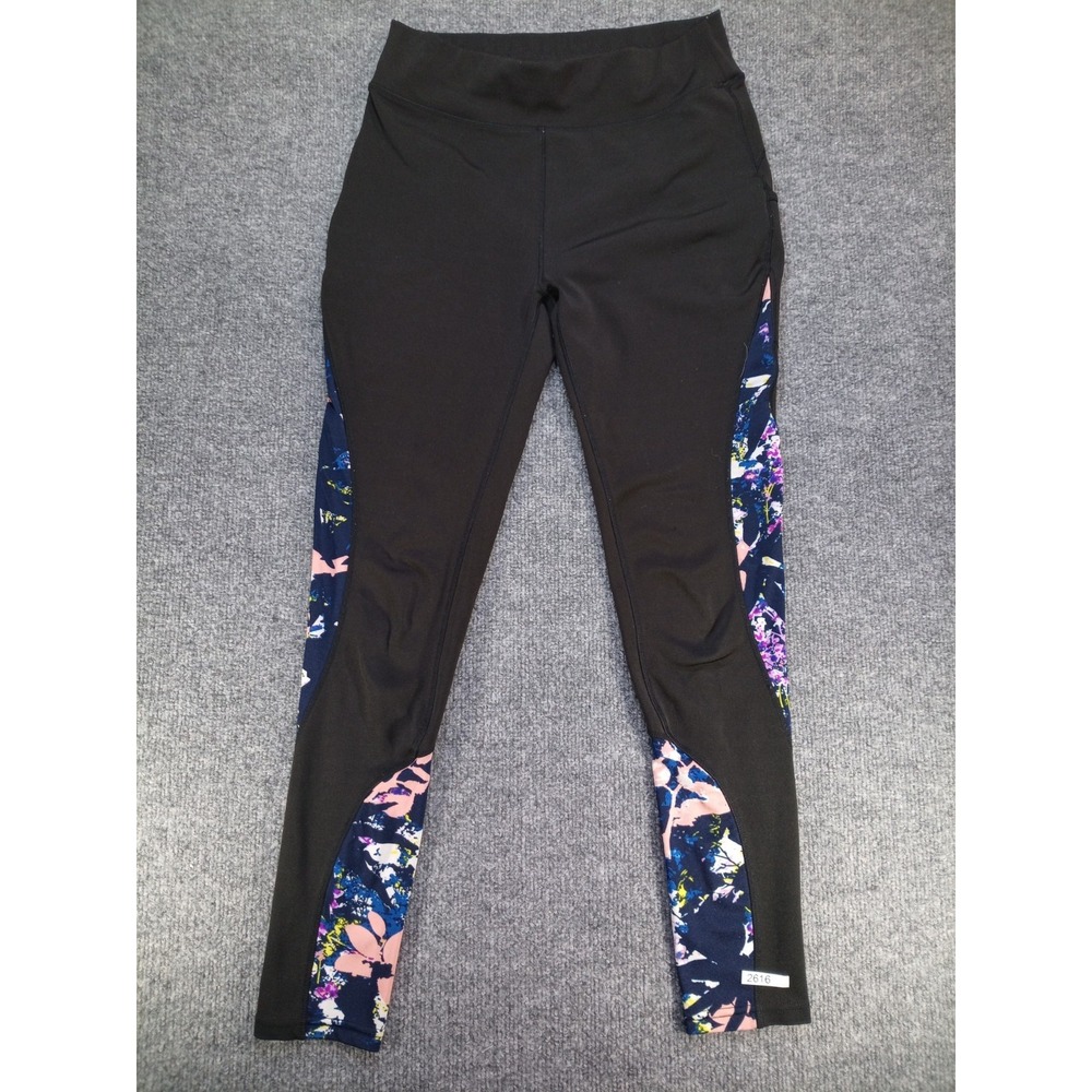 POP Fit Womens Large Black Floral Panel Leggings High Rise Pockets Activewear